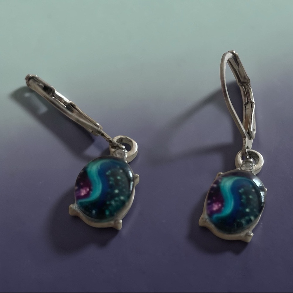 Silver Drop Earrings with Blue and Purple Galaxy Cabochons